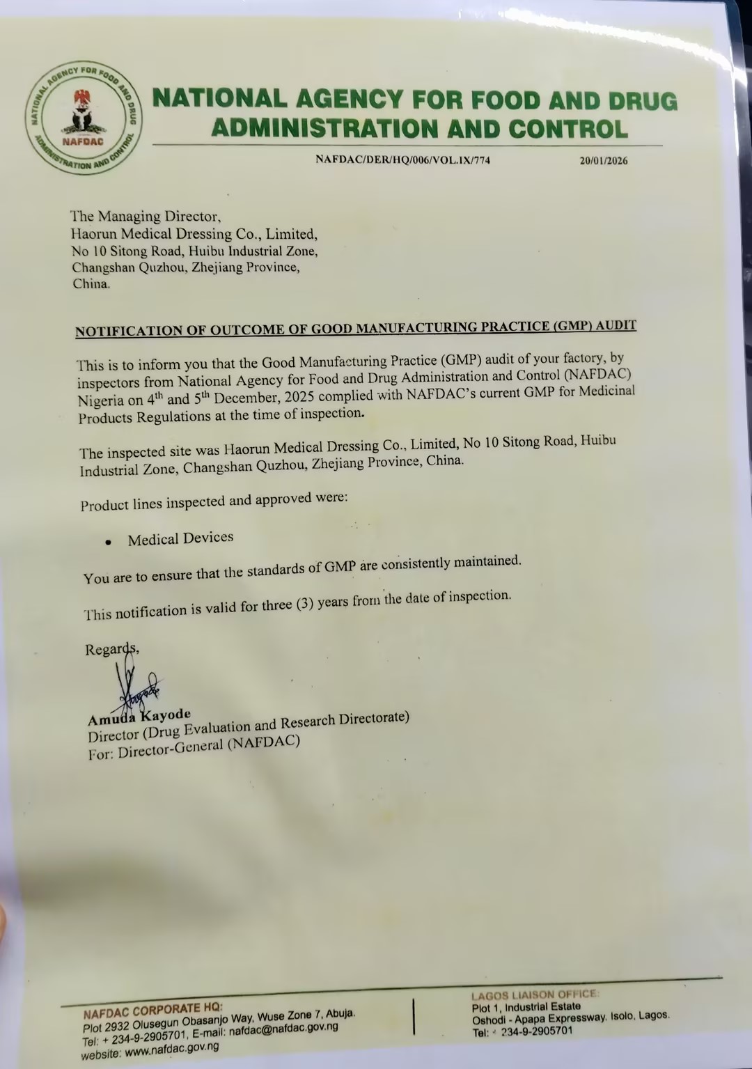 „Haorun Medical Products“ oficialiai gauna NAFDAC registracijos sertifikatą Nigerijoje